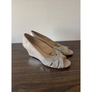 Alex Marie Gold Suede Leather Peep Toe Rhinestone Wedge Shoe Size 7 Wedding